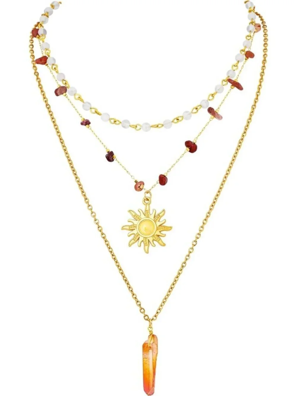 Women's Gold 4 Lobster Vintage Bohemian Unique Statement Sun Pendant Necklace